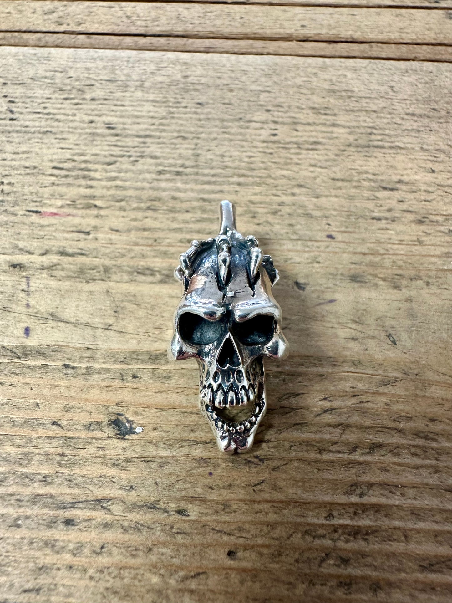 Modernist Skull and Hand Head 925 Silver Pendant