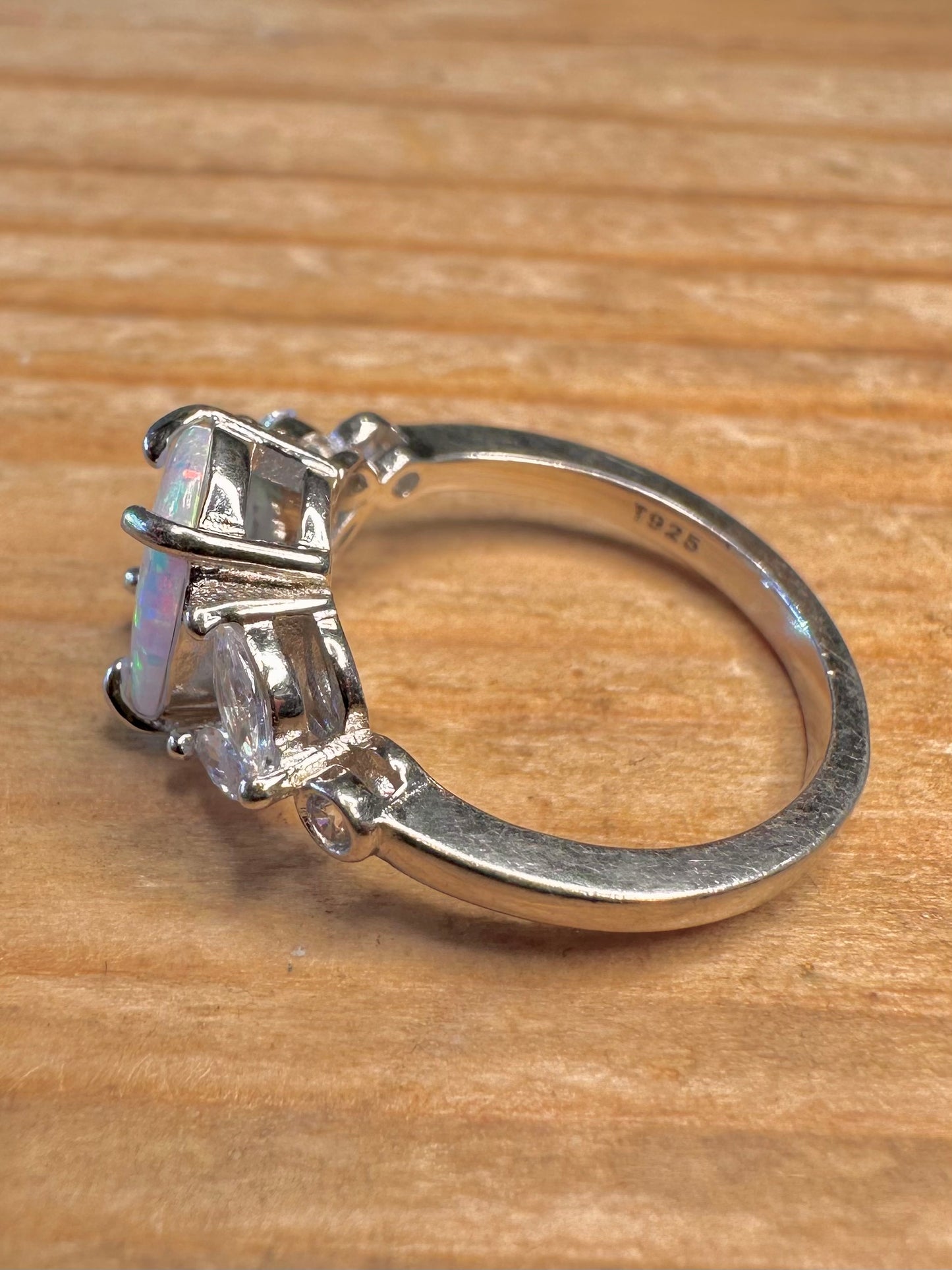 Vintage Opal and White CZ 925 Sterling Silver Size I Ring