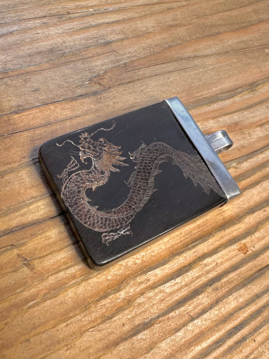 Black Rectangle Engraved Dragon 925 Sterling Silver Pendant