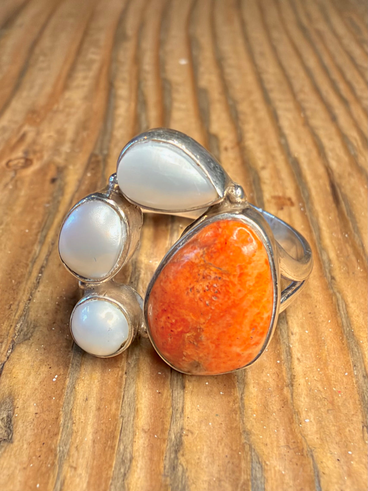 Pearl and Orange Stone 925 Sterling Silver Size S Ring