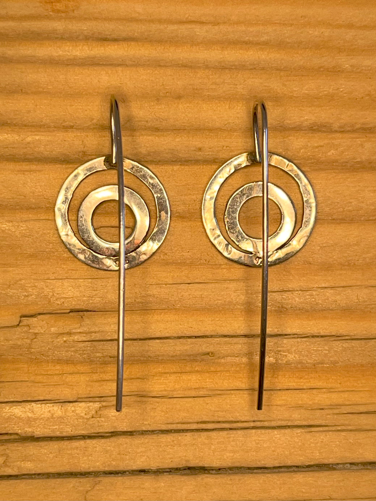 Flat Hammered Double Circle 925 Sterling Silver Drop Earrings