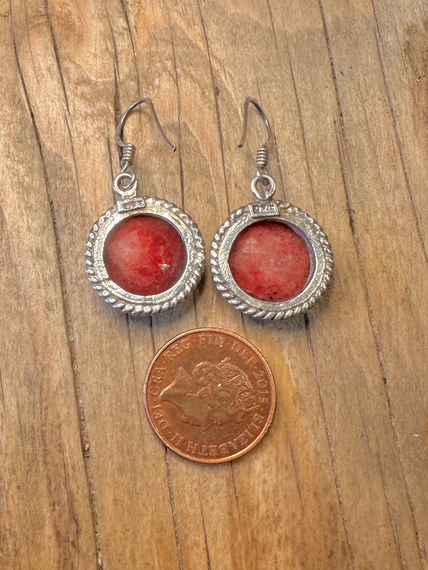 Vintage Red Ruby Stones Braided Bezel 925 Sterling Silver Earrings