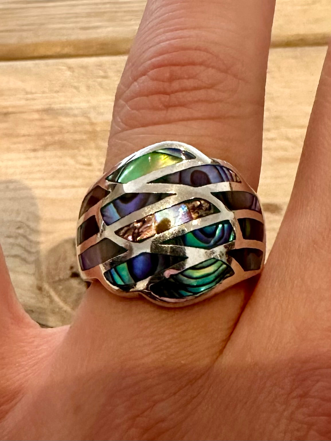 Modernist Abalone Inlay Dome 925 Silver Size P Ring