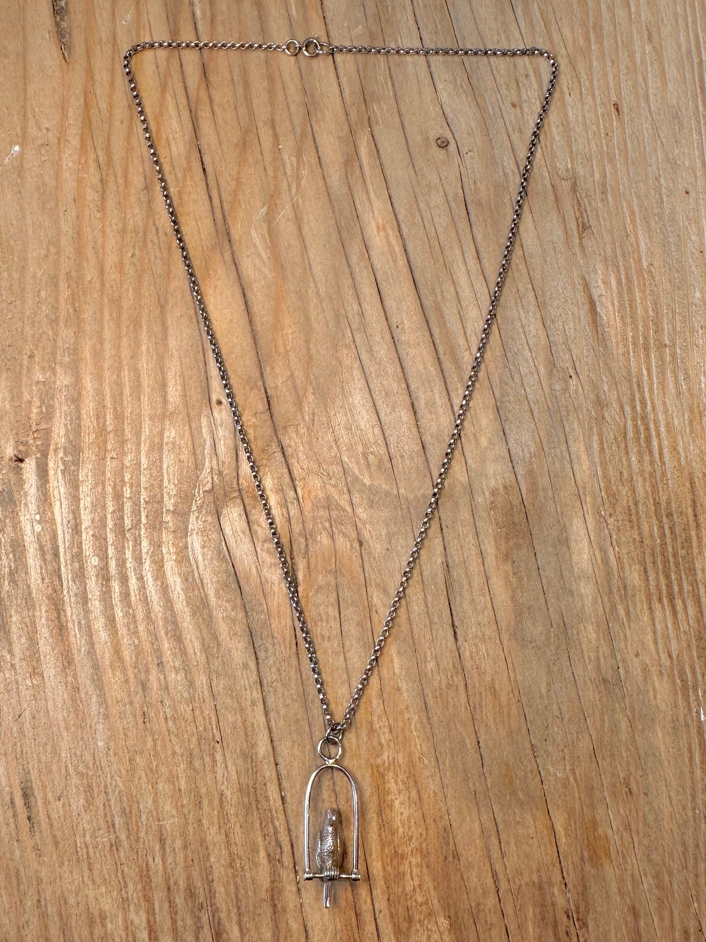 Vintage Vogel auf Stange schwingend Belcher Kette 925 Sterling Silber 47,8 cm Halskette