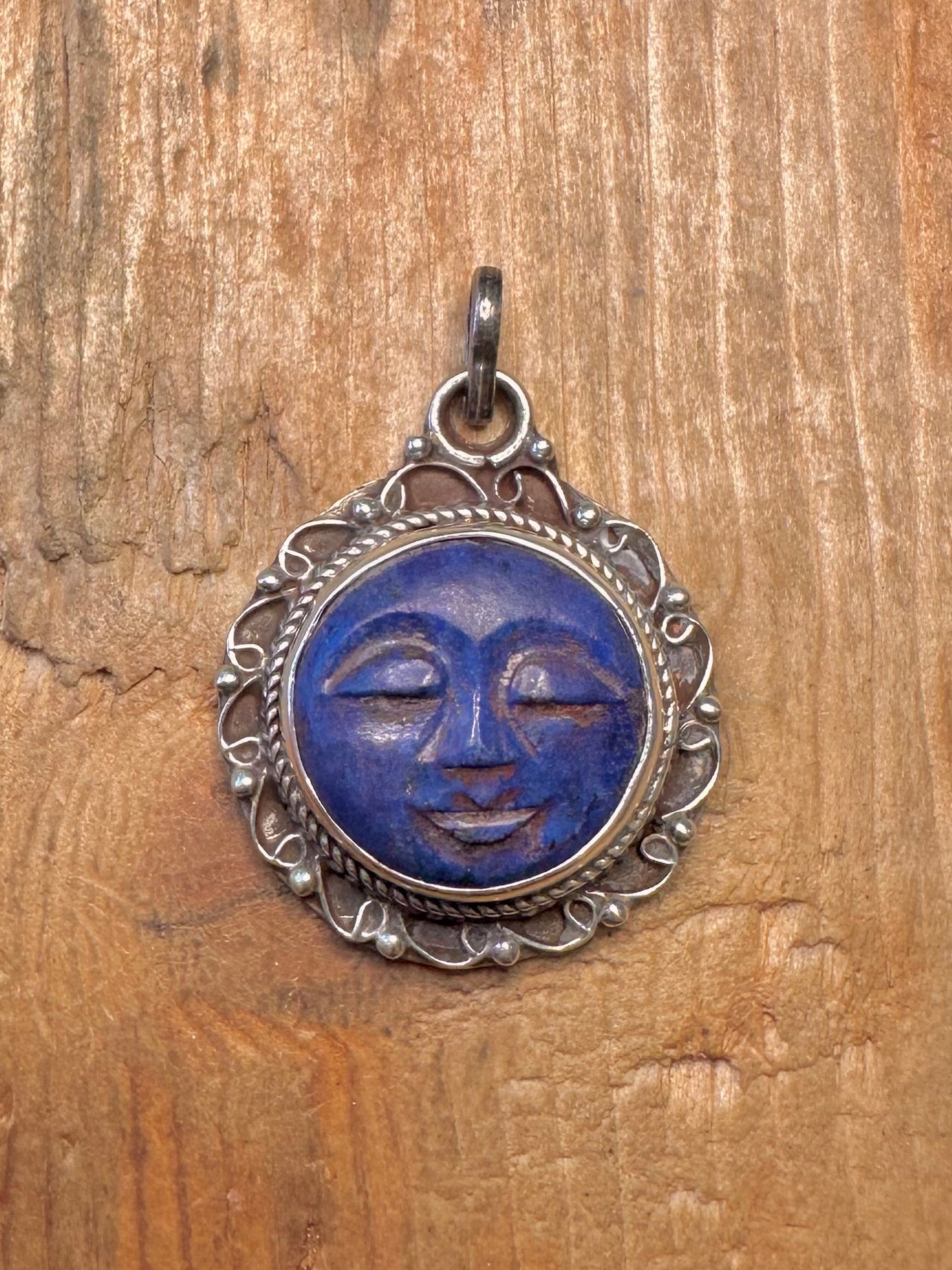 Lapis Lazuli Moon Face Ornate 925 Sterling Silver Pendant