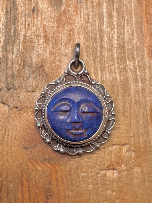 Lapis Lazuli Moon Face Ornate 925 Sterling Silver Pendant