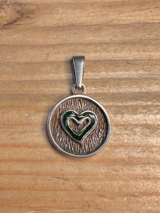 Heart Green Inlay Circle 925 Sterling Silver Pendant
