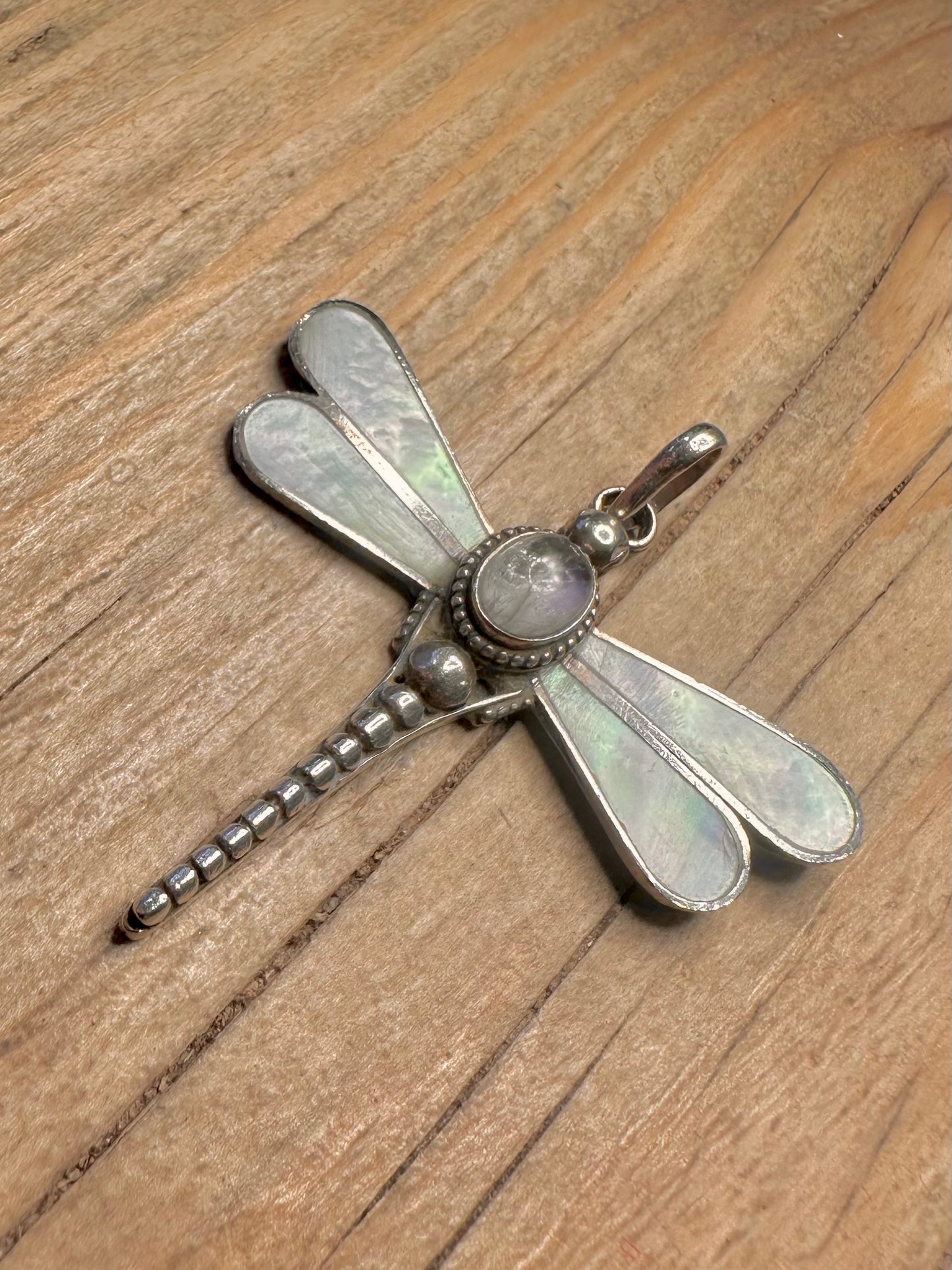 Vintage Dragonfly Moonstone and Mother of Pearl 925 Sterling Silver Pendant