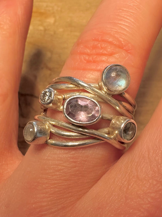 Modernist Multi Gemstone and Layer 925 Silver Size R1/2 Ring