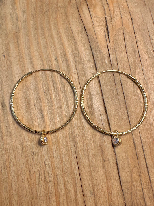 Modern Textured CZ White Hoops Gold on 925 Sterling Silver Earrings
