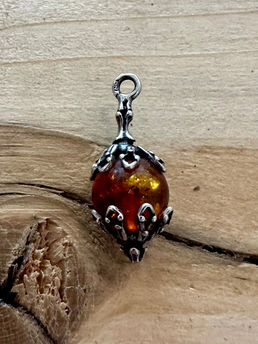 Vintage Decorative Amber 925 Silver Pendant