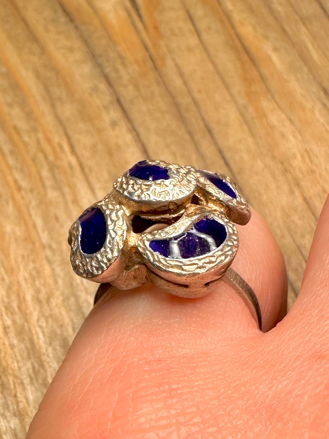 Abstract Blue Enamel 925 Sterling Silver Size N Ring