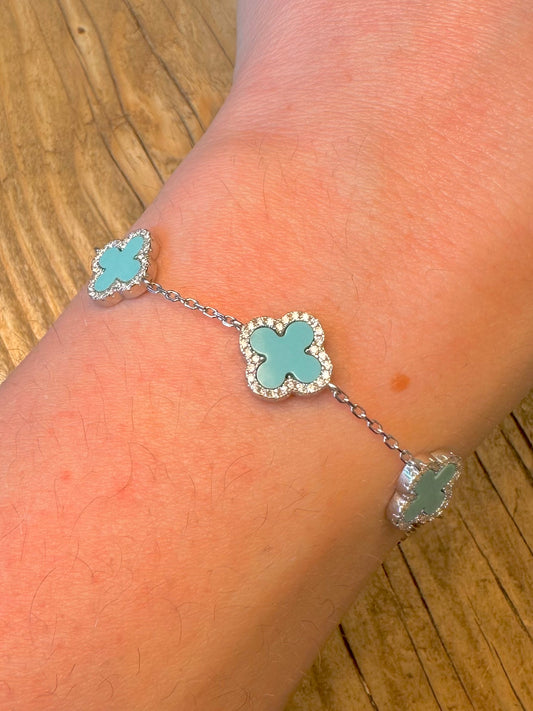 Van Cleef Style Blue Motifs White Stones 925 Sterling Silver 7.2 to 8.4 inch Bracelet