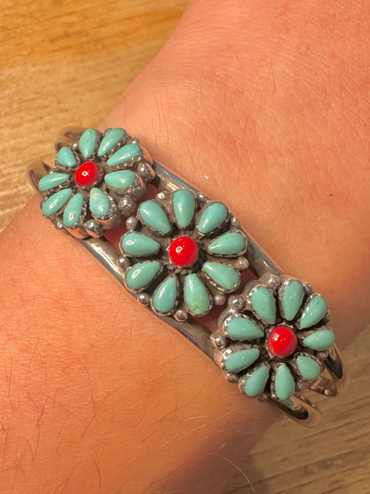 Vintage Native American Turquoise and Coral Flower 925 Silver Cuff Bangle