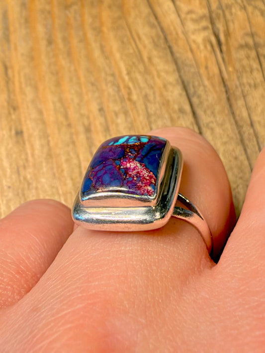Purple Copper Turquoise Rectangle 925 Sterling Silver Size Q Ring