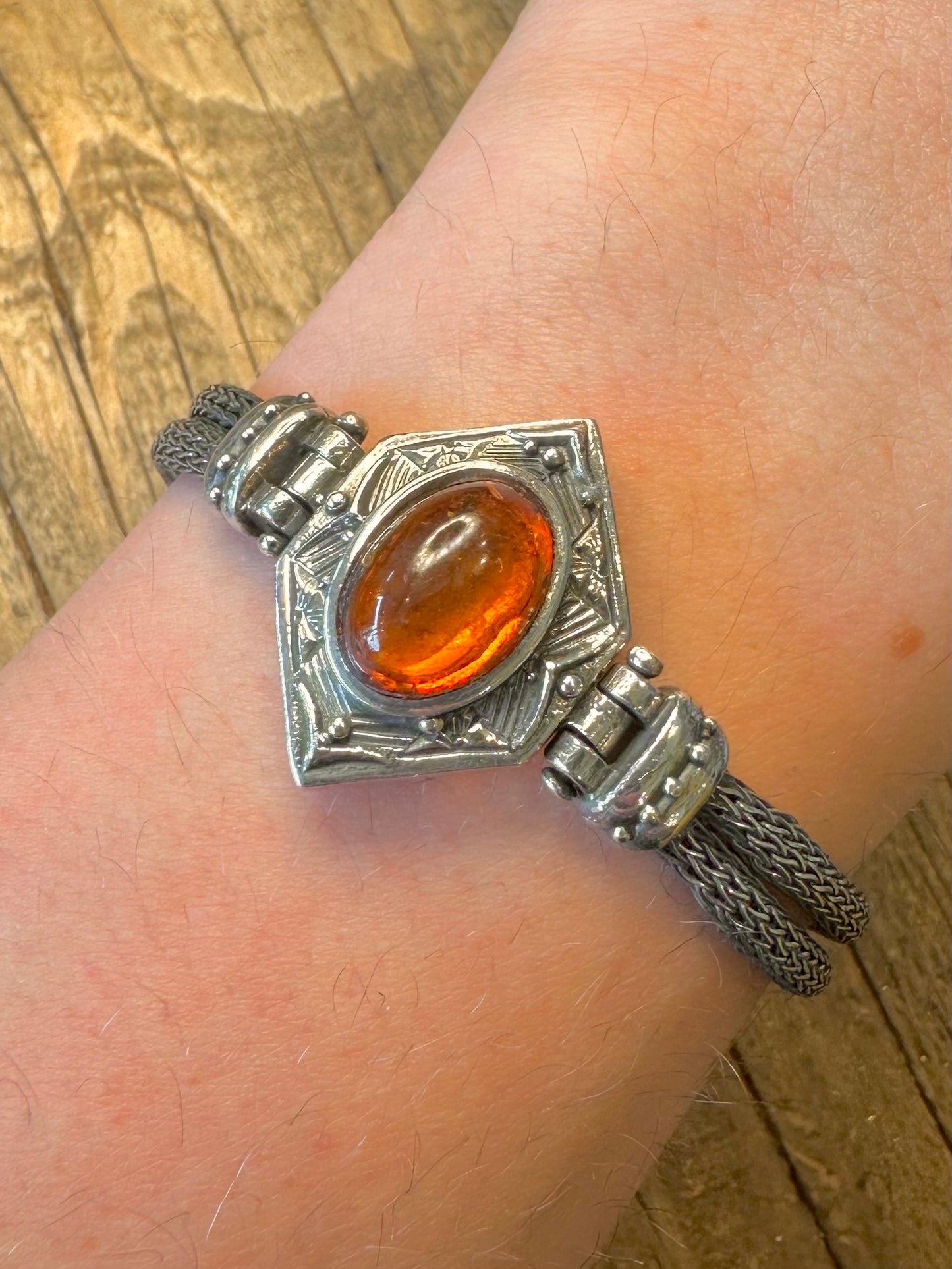 Amber Ornate Byzantine Double Chain Hook Clasp 950 Silver 7.4 inch Bracelet