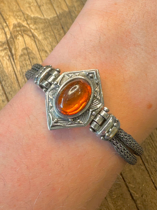 Amber Ornate Byzantine Double Chain Hook Clasp 950 Silver 7.4 inch Bracelet