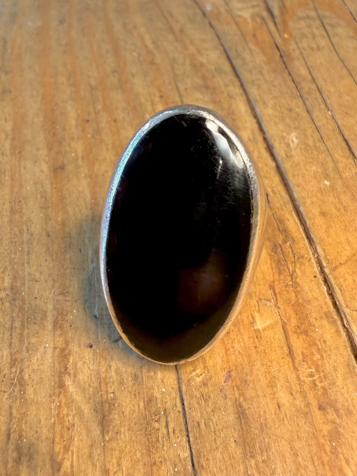Elongated Oval Black Onyx 925 Sterling Silver Size N1/2 Ring