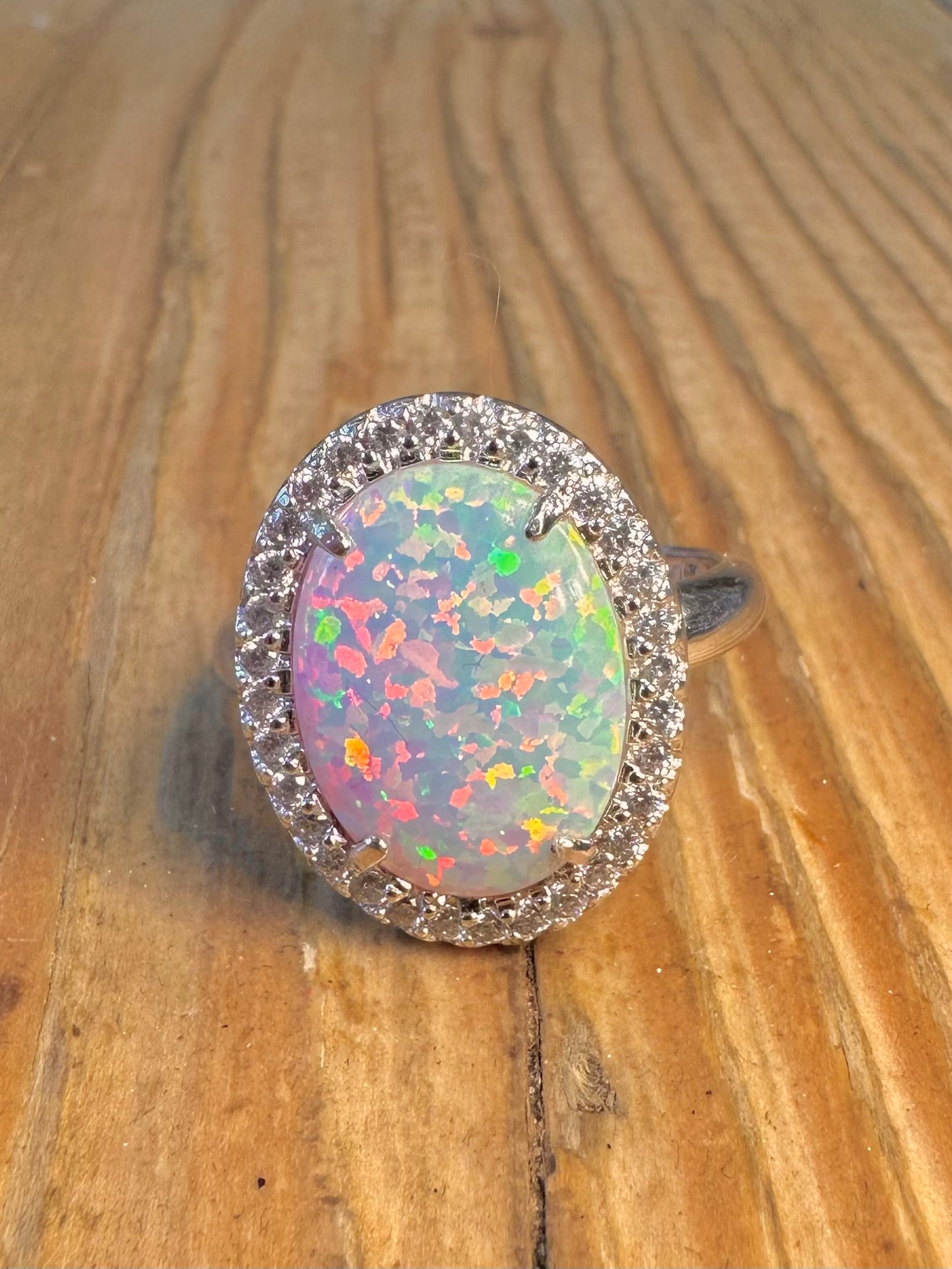 Oval Simulated Opal and White CZ 925 Sterling Silver Size U Ring