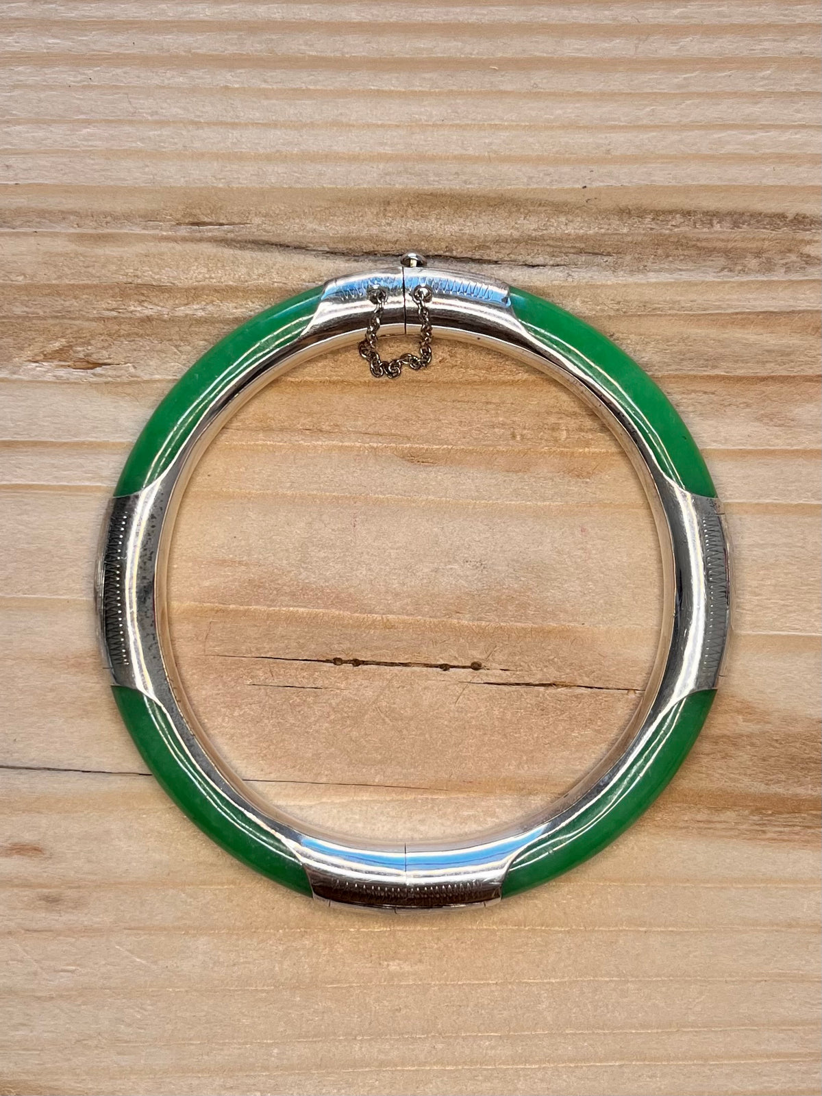 Jade Engraved with Safety Chain 925 Sterling Silver Bangle