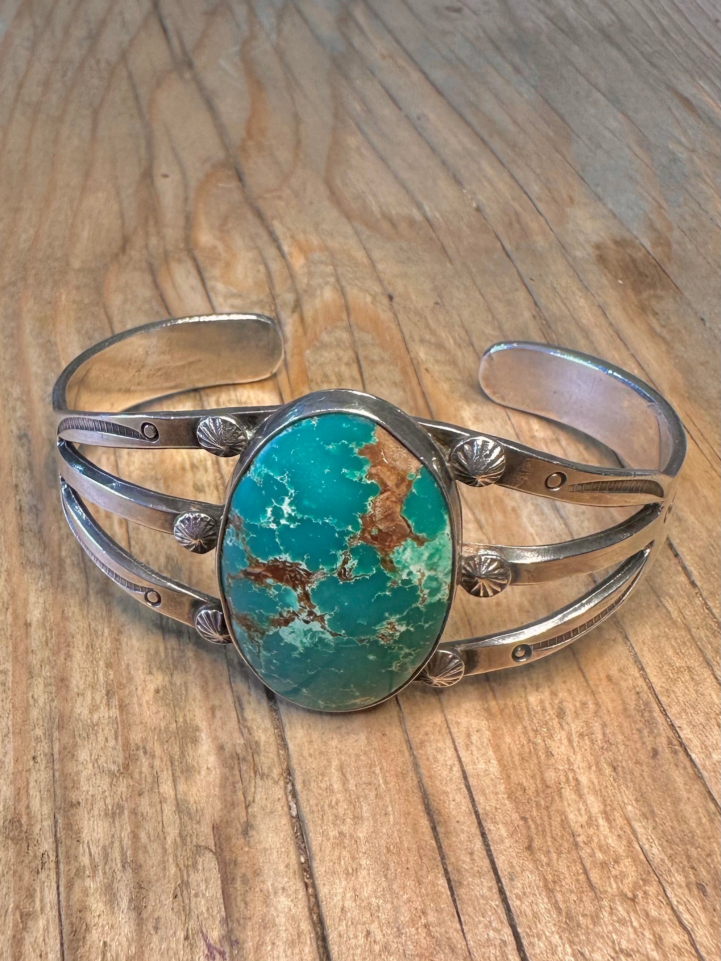Vintage Native American Navajo Large Turquoise with Brown Matrix Heavy Gauge 925 Sterling Silver Cuff Bangle
