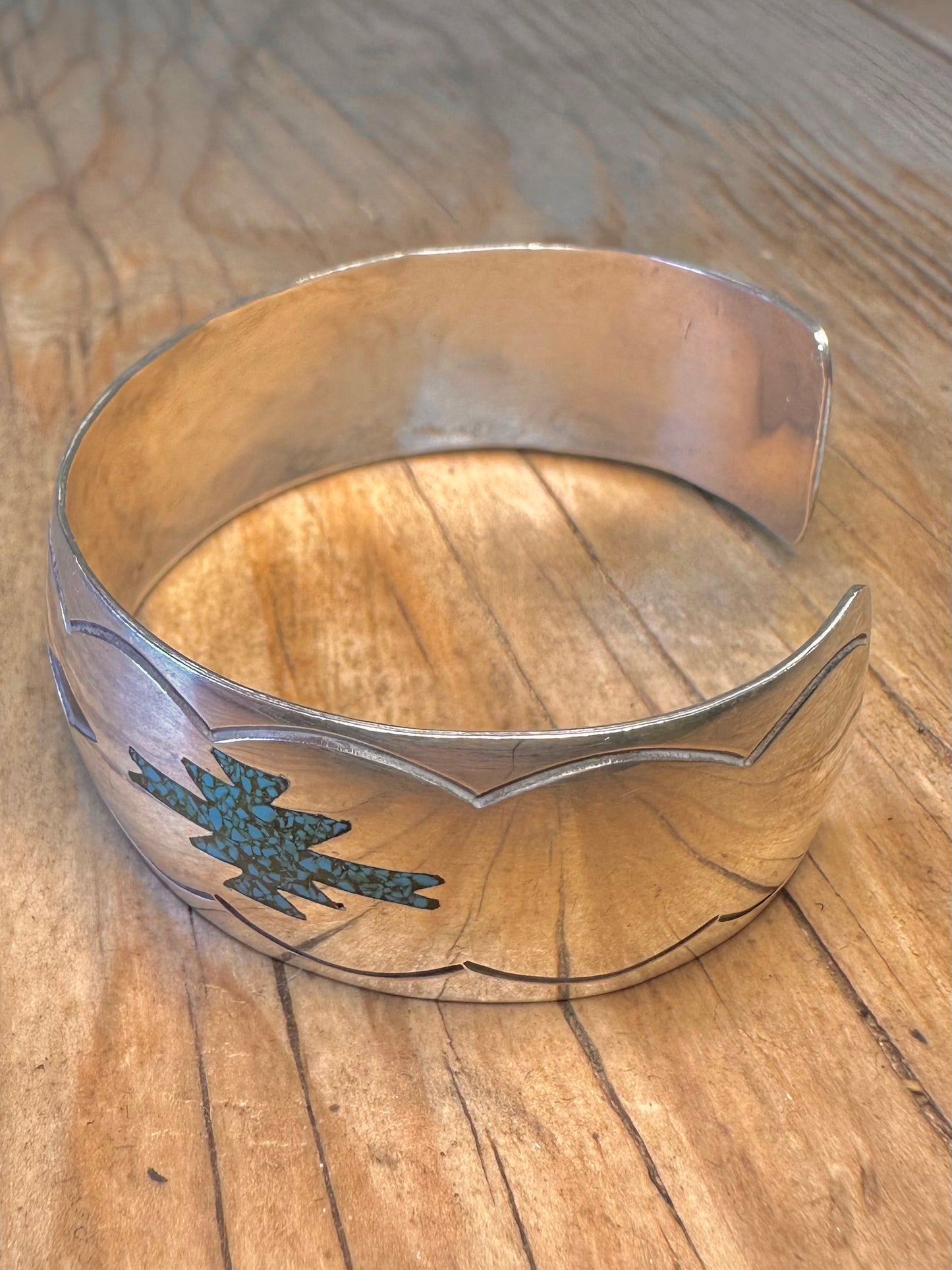 Vintage Navajo Maker HB Turquoise Inlay Cuff 925 Sterling Silver Bangle
