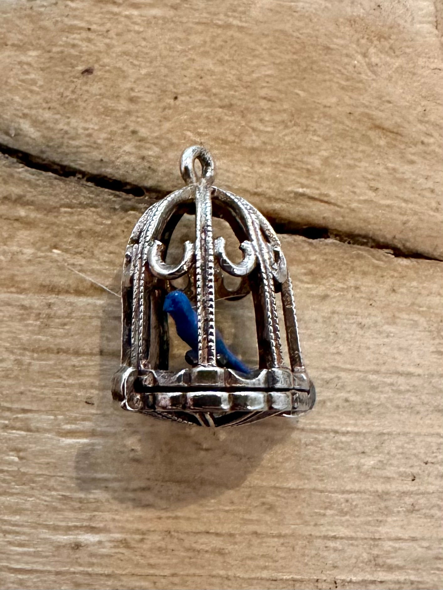 Vintage Enamel Blue Bird in Cage 925 Silver Charm Pendant