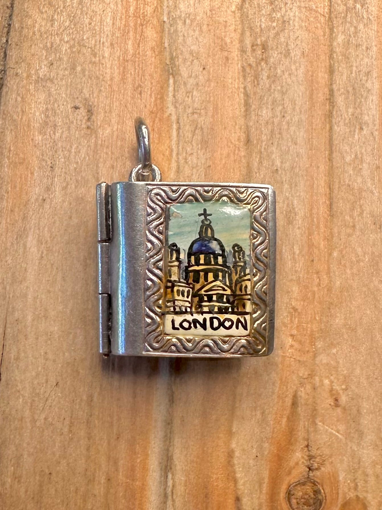 Vintage London Book Enamel with Paper Photos 925 Sterling Silver Charm Pendant
