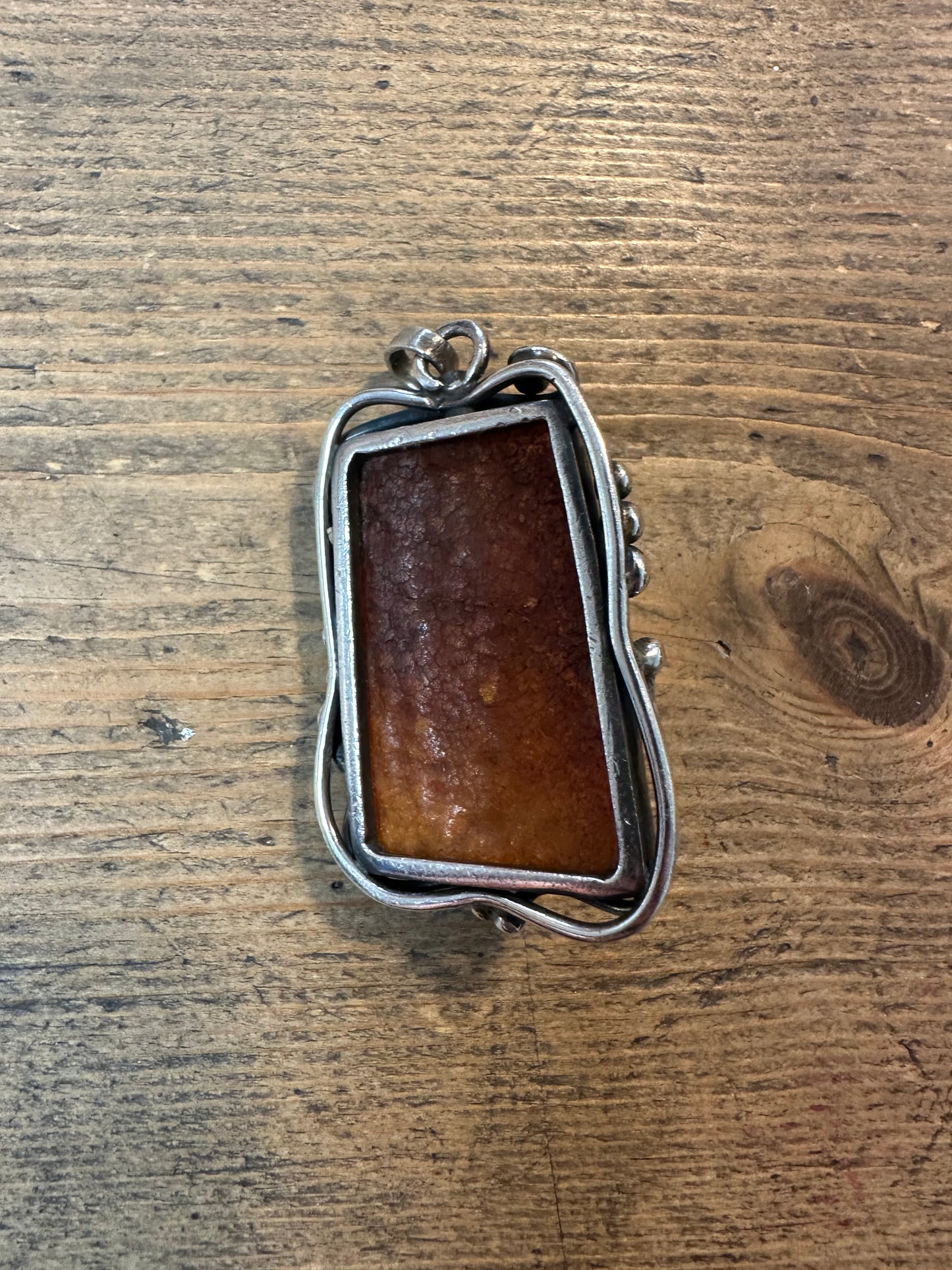 Vintage Ornate Rectangle Amber 925 Silver Pendant