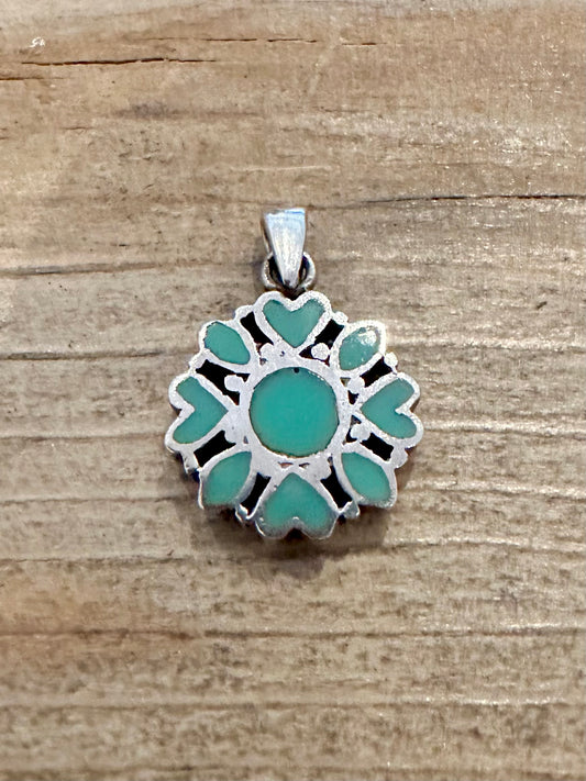 Vintage Turquoise Flower Hearts 925 Silver Pendant