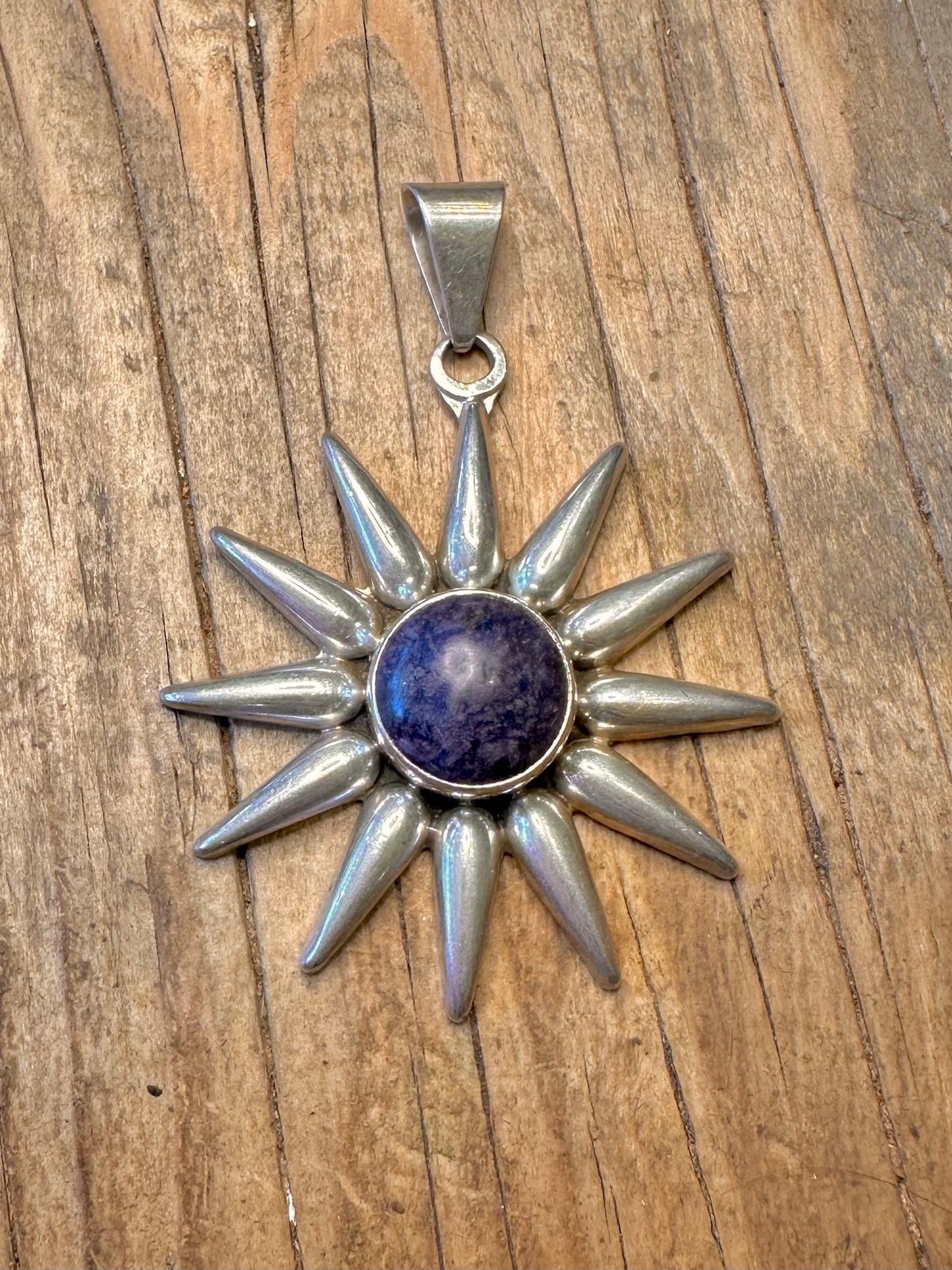 Large Vintage Lapis Sun Mexican 925 Sterling Silver Pendant