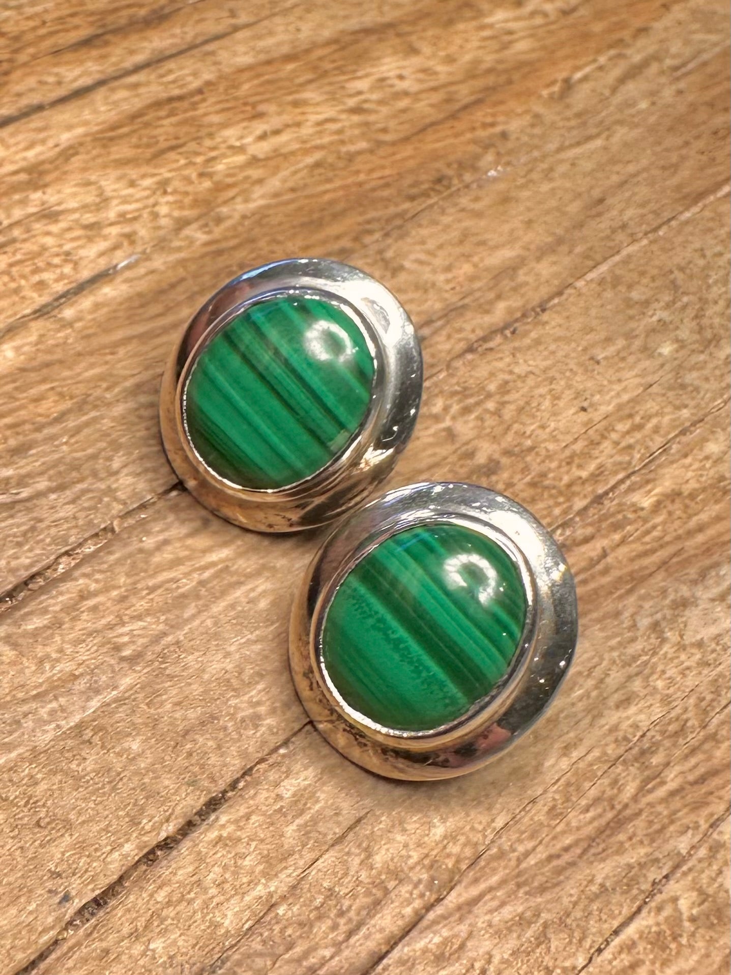 Vintage Malachite Oval Stud 925 Sterling Silver Earrings