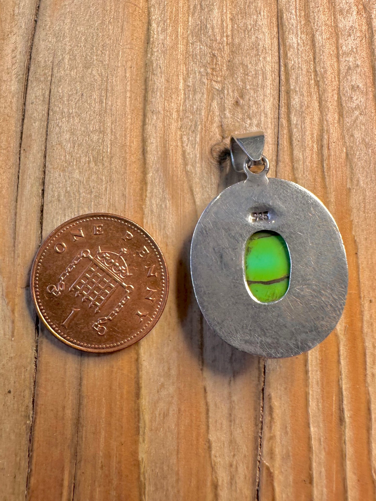 Vintage Green Turquoise Oval 925 Sterling Silver Pendant