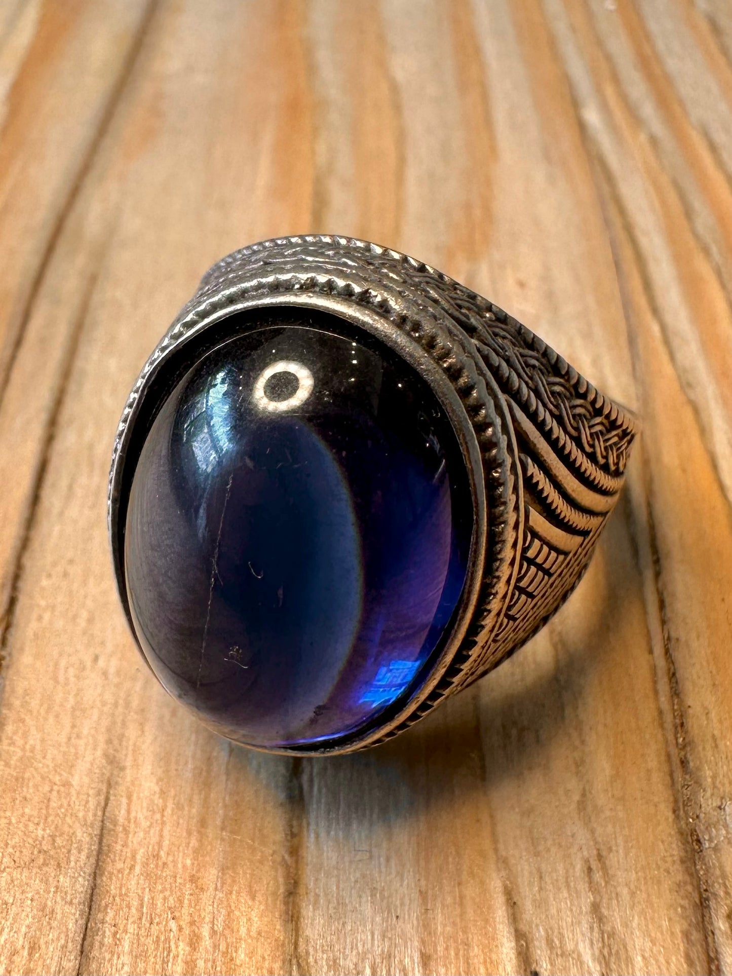 Vintage Large Blue Stone Signet Tribal 925 Sterling Silver Size Z Ring