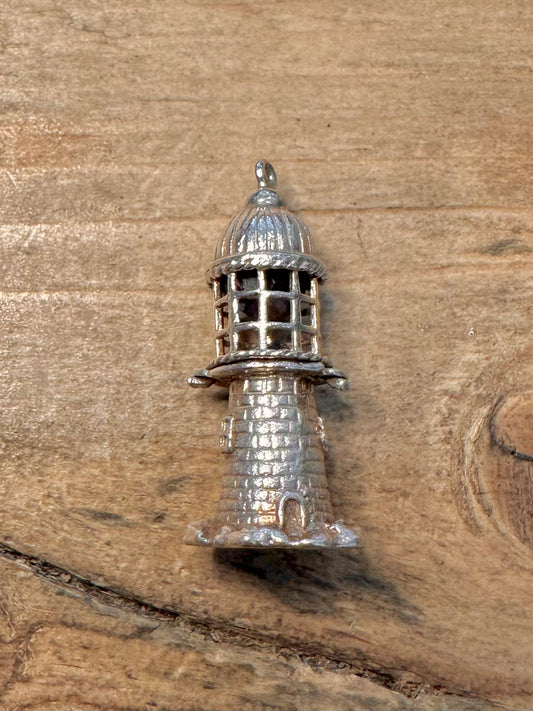 Vintage Lighthouse with Crystal inside 925 Silver Charm Pendant