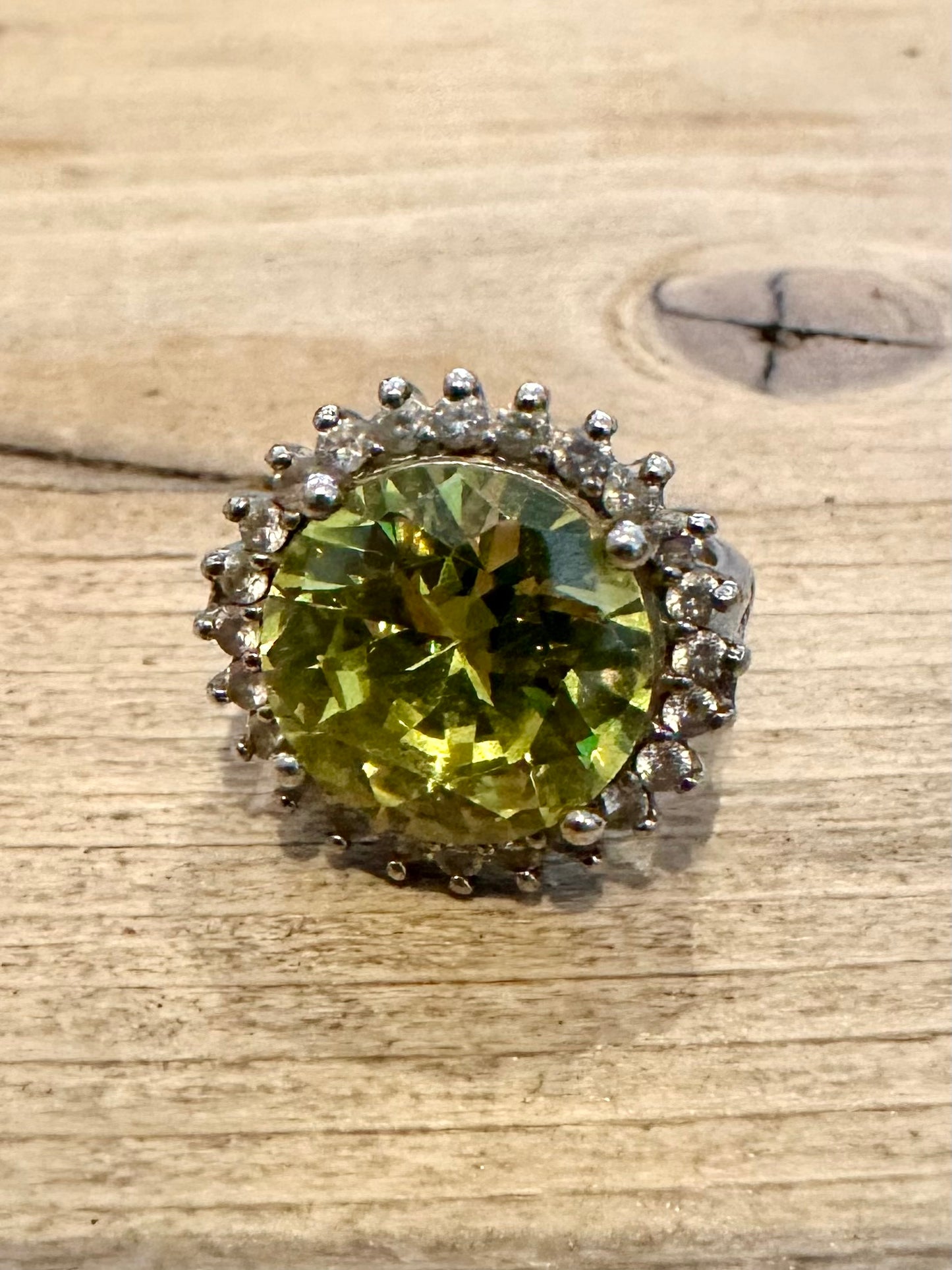 Modern Large Green and White CZ 925 Silver Size M Ring