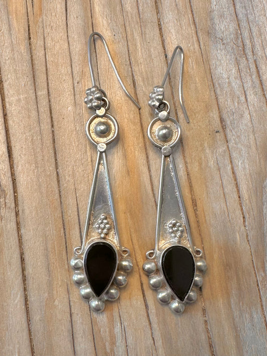 Vintage Handmade Onyx Dangle 925 Silver Earrings