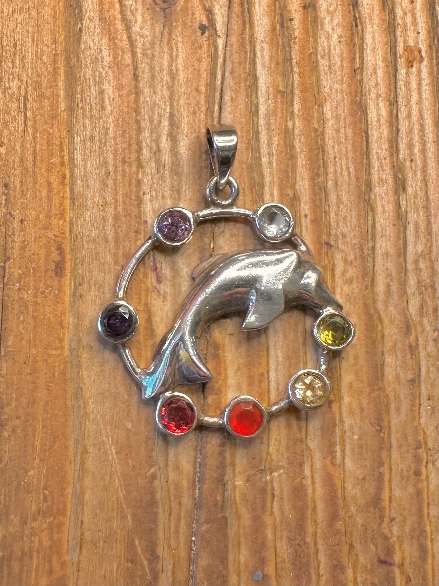 Multi Coloured Gemstone Dolphin 925 Sterling Silver Pendant