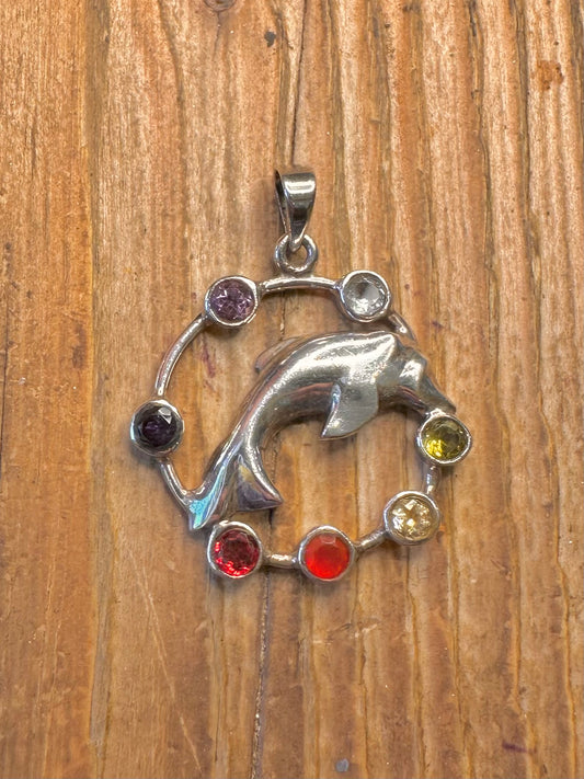 Multi Coloured Gemstone Dolphin 925 Sterling Silver Pendant