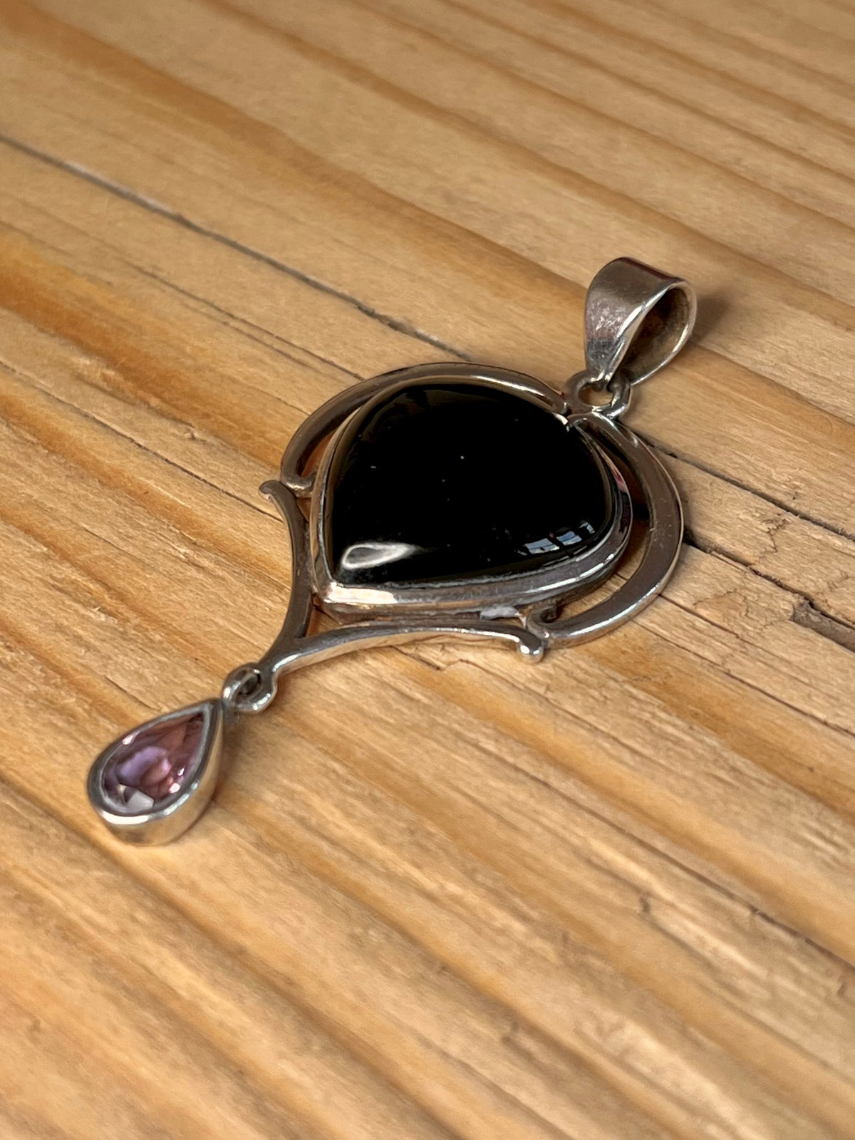 Black Onyx and Amethyst Tiered 925 Sterling Silver Pendant