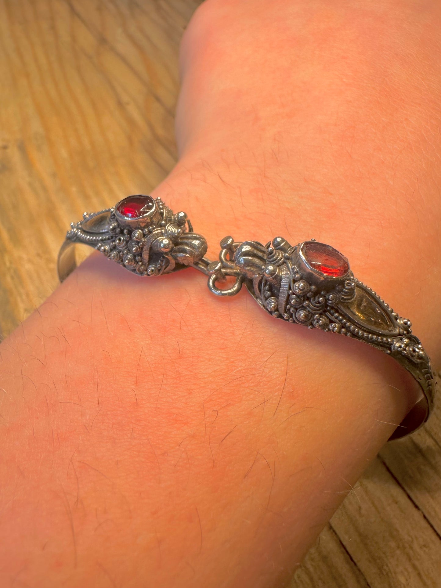 Vintage Dragon Filigree Red Stone and Gold Plate 925 Sterling Silver Bangle