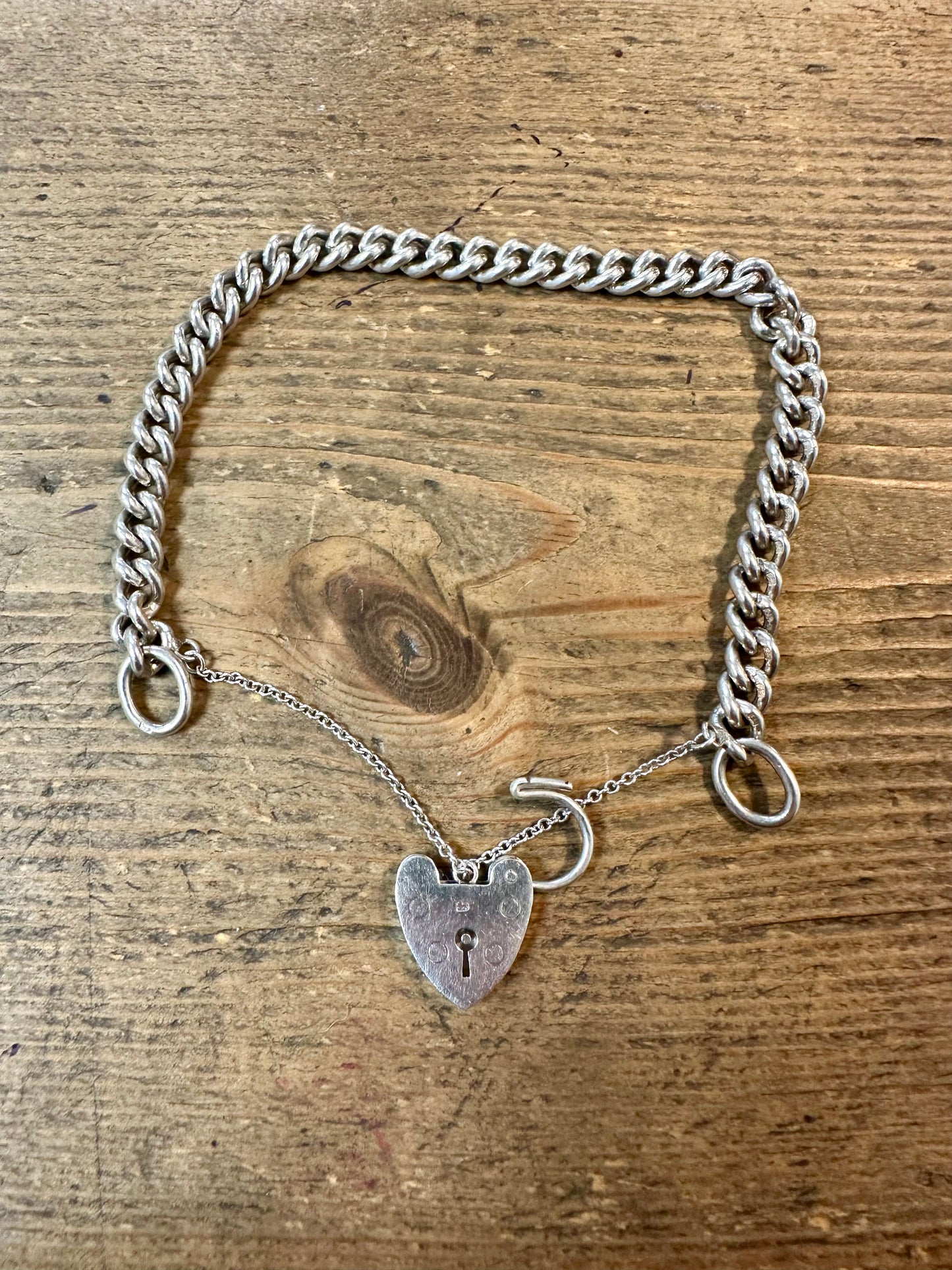 Vintage 1962 Heart Padlock Curb Chain with Safety Chain 925 Silver Bracelet