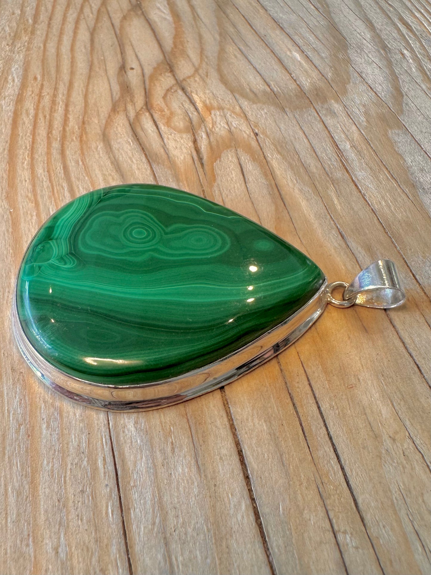 Vintage Large Malachite Triangle 925 Silver Pendant