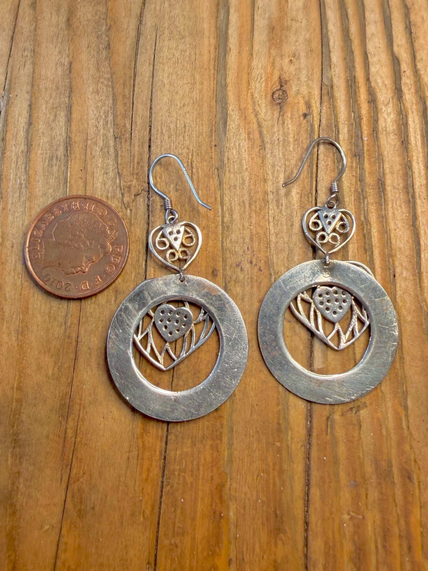 Heart CZ Stone Circle Dangle 925 Sterling Silver Earrings