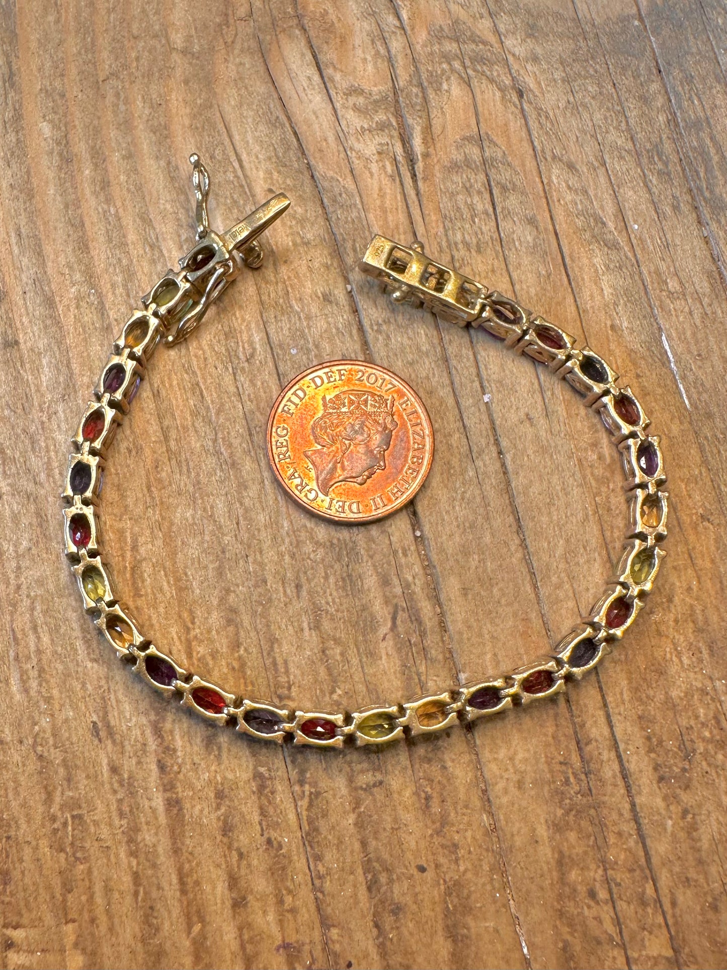 Multi Gemstone Oval Cut Gold on 925 Sterling Silver 7 inch Bracelet