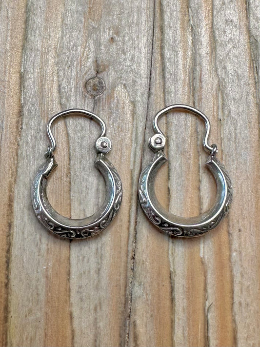 Vintage Engraved Hoops 925 Sterling Silver Earrings