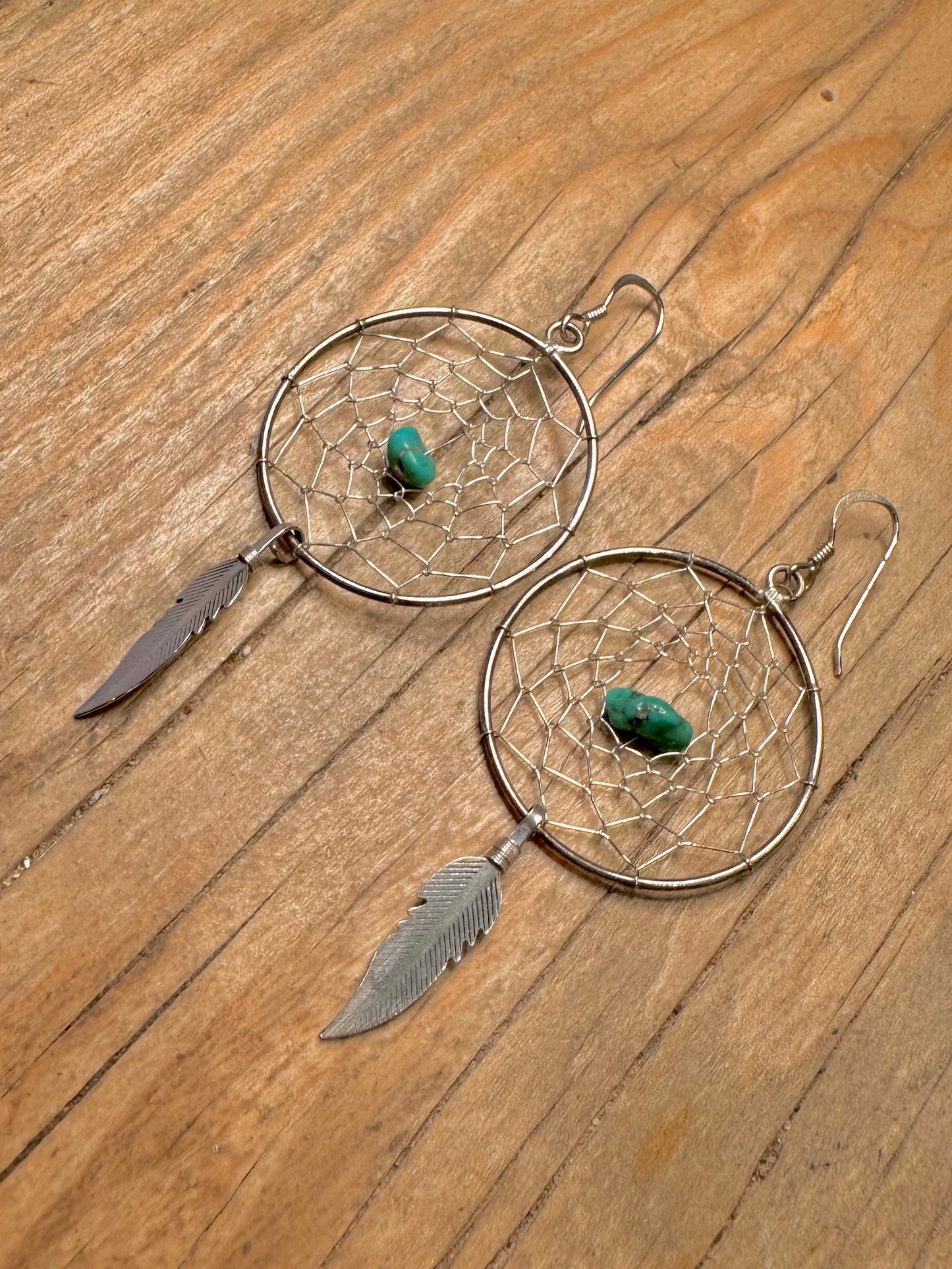 Vintage Traumfänger Türkis Feder 925 Sterling Silber Ohrringe