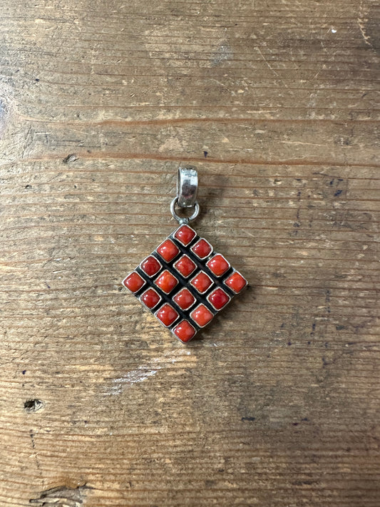 Vintage Coral Squares 925 Silver Pendant