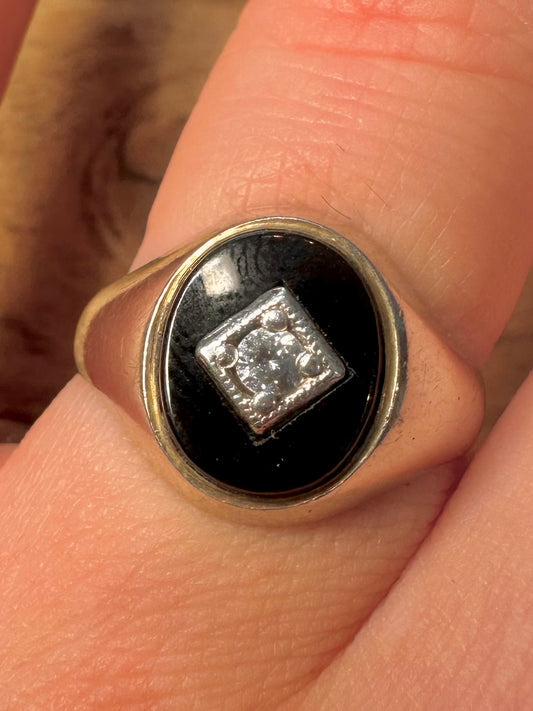 Vintage 1987 Onyx and CZ Signet 925 Silver Size S Ring