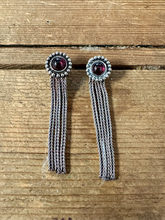 Vintage Garnet Tribal Tassel Dangle 925 Silver Earrings